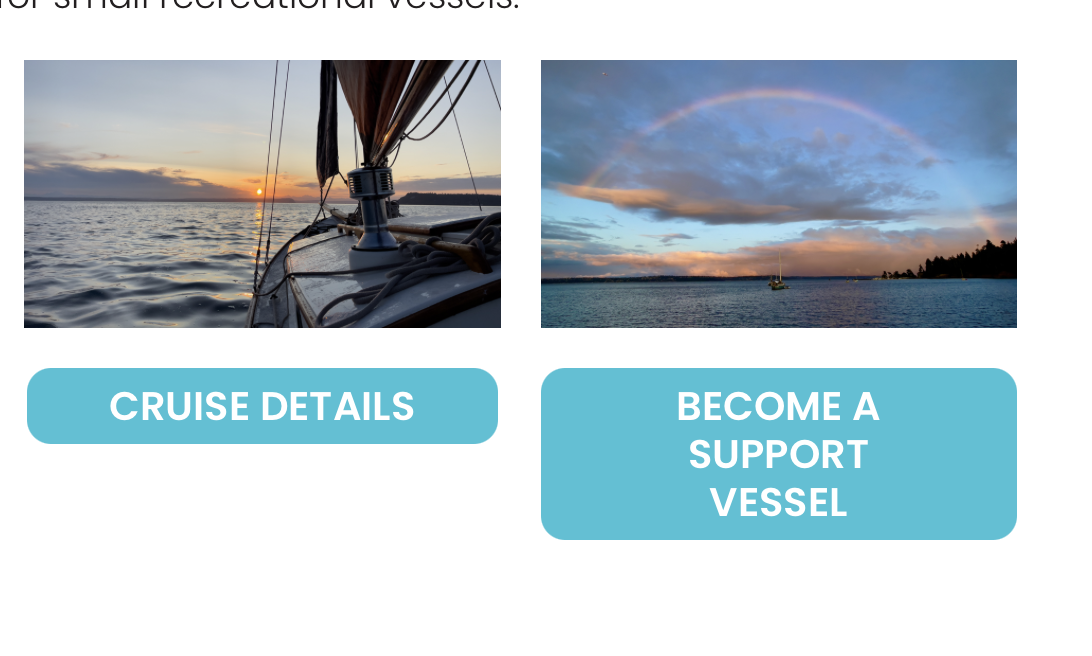 Two images of boats at sea at sunset are accompanied by buttons labeled CRUISE DETAILS and BECOME A SUPPORT VESSEL.